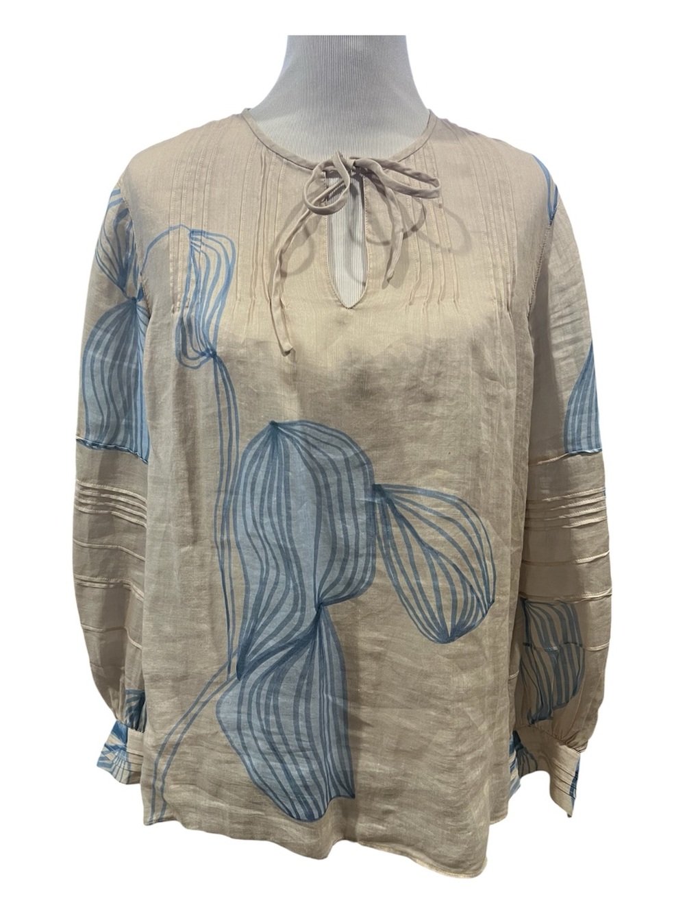 Lafayette New York Eliza Balloon Sleeve Pintuck Blouse Floral Beige Size Medium